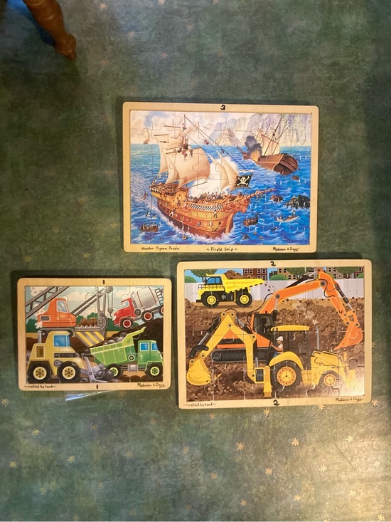 Melissa & Doug Other - Lot/Bundle 3 Melissa & Doug Wooden Puzzles 12-48 pc Age 3-4+ Construction Pirate